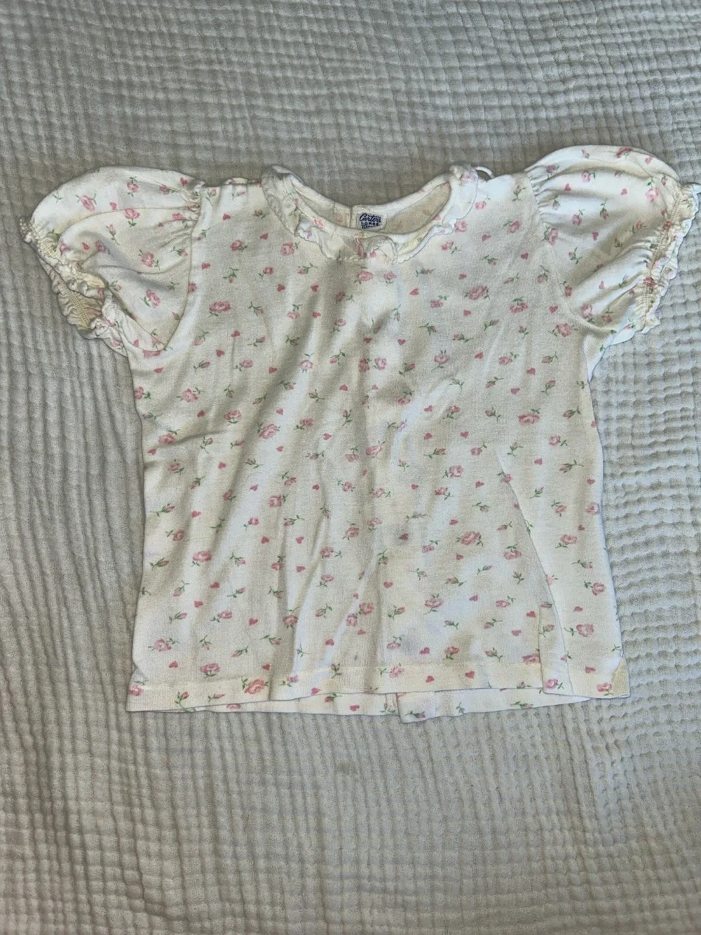 Vintage Carter's White Tee with Pink Floral Print and Puff Sleeves